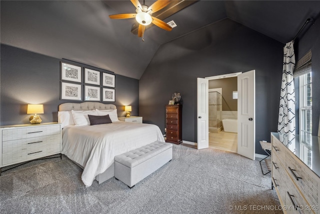 18409 E 50th Pl S, Tulsa, OK 74134 - carpeted bedroom with lofted ceiling, baseboards, ensuite bath, and a ceiling fan