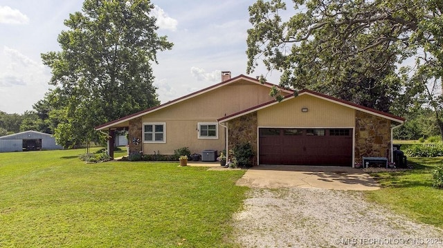 20700 E 420th Rd, Claremore, OK 74017 - ranch-style house featuring driveway, a garage, stone siding, a chimney, and a front yard