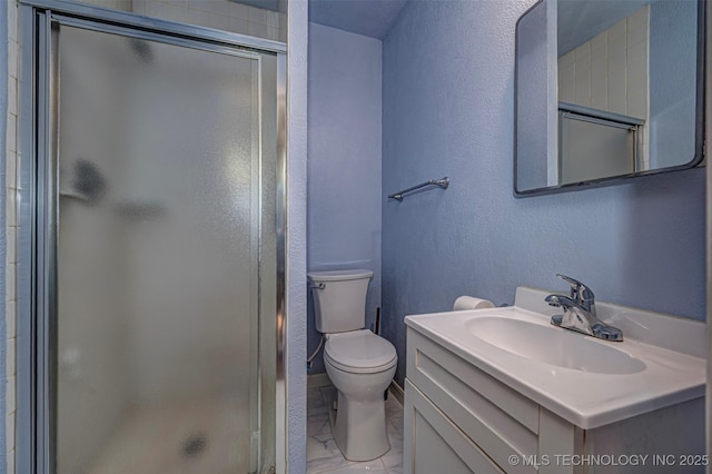 506 S 8th, Davis, OK 73030 - bathroom featuring a shower stall, vanity, a textured wall, toilet, and marble finish floors