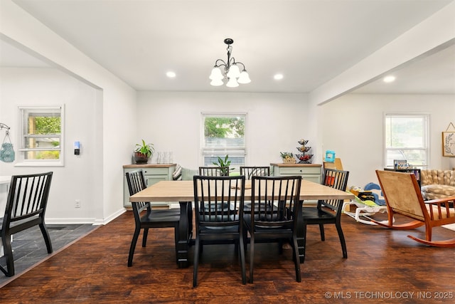 1206 S Osage Ave, Bartlesville, OK 74003 - dining space featuring a chandelier, recessed lighting, plenty of natural light, and dark wood finished floors