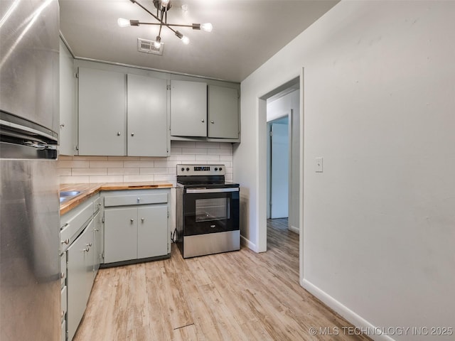 2409 N Urbana Ave, Tulsa, OK 74115 - kitchen with stainless steel range with electric cooktop, decorative backsplash, light wood-style floors, a chandelier, and gray cabinets