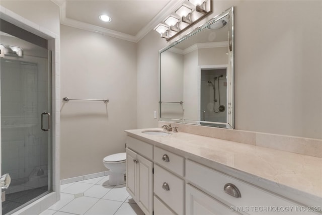 1217 Hazel Blvd, Tulsa, OK 74114 - bathroom featuring toilet, vanity, a stall shower, ornamental molding, and tile patterned flooring