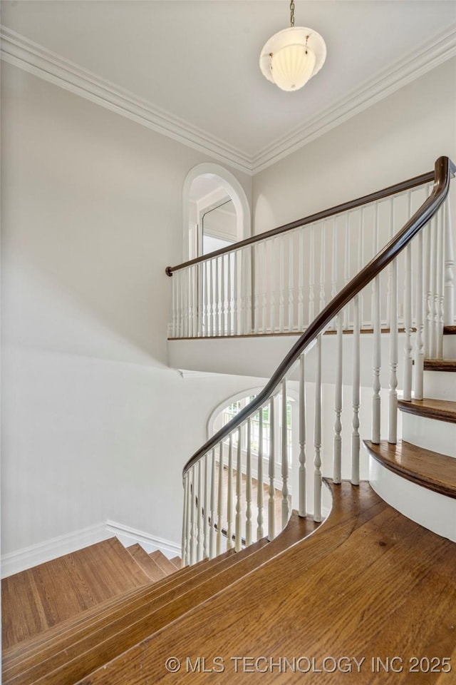 1217 Hazel Blvd, Tulsa, OK 74114 - stairway with wood finished floors, ornamental molding, and baseboards
