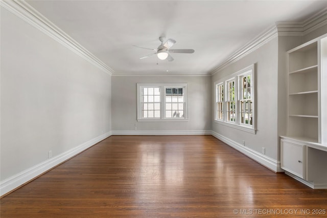 1217 Hazel Blvd, Tulsa, OK 74114 - empty room featuring a ceiling fan, dark wood-style floors, crown molding, and baseboards