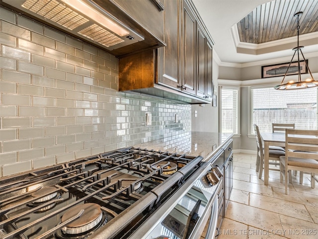 7605 E 82nd Pl, Owasso, OK 74055 - kitchen featuring ventilation hood, ornamental molding, baseboards, light stone countertops, and stainless steel gas range oven