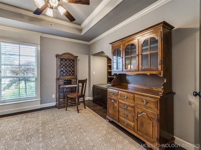 7605 E 82nd Pl, Owasso, OK 74055 - office with baseboards, ceiling fan, ornamental molding, and a tray ceiling