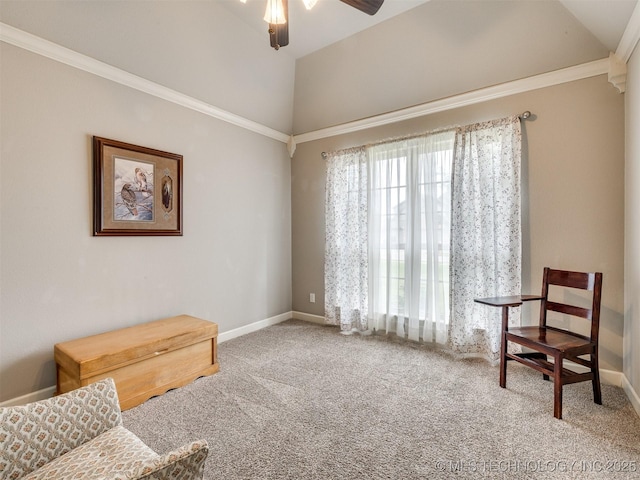 7605 E 82nd Pl, Owasso, OK 74055 - sitting room with carpet flooring, a ceiling fan, high vaulted ceiling, and baseboards