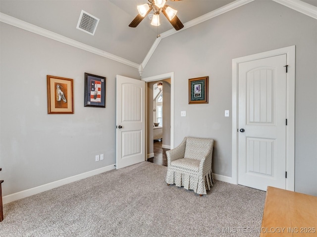 7605 E 82nd Pl, Owasso, OK 74055 - sitting room with lofted ceiling, ceiling fan, carpet, ornamental molding, and baseboards
