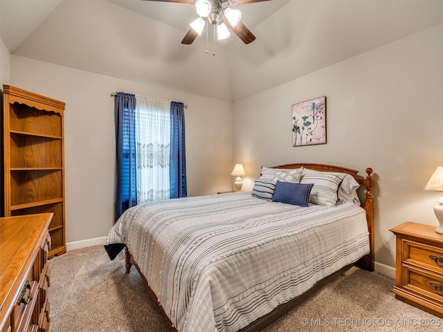 7605 E 82nd Pl, Owasso, OK 74055 - carpeted bedroom featuring baseboards, lofted ceiling, and ceiling fan