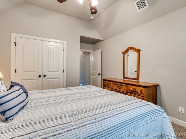 7605 E 82nd Pl, Owasso, OK 74055 - bedroom featuring vaulted ceiling, carpet flooring, baseboards, a closet, and ceiling fan