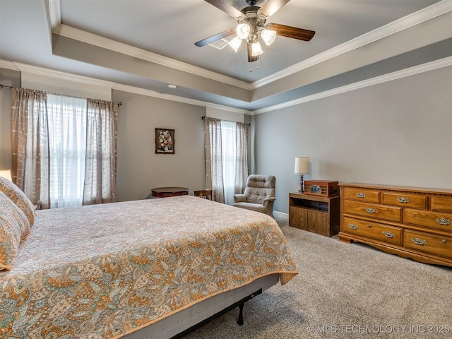 7605 E 82nd Pl, Owasso, OK 74055 - bedroom with carpet, a tray ceiling, ornamental molding, and a ceiling fan