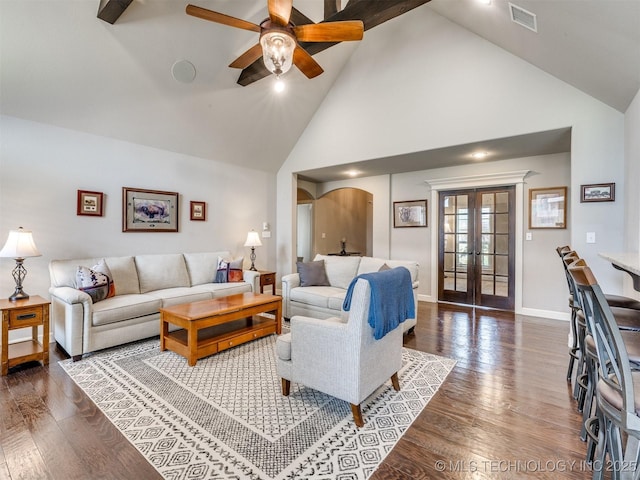 7605 E 82nd Pl, Owasso, OK 74055 - living room with french doors, high vaulted ceiling, a ceiling fan, wood finished floors, and arched walkways