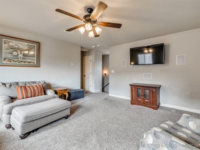 7605 E 82nd Pl, Owasso, OK 74055 - living room featuring carpet flooring, a ceiling fan, and baseboards