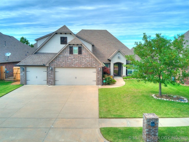 7605 E 82nd Pl, Owasso, OK 74055 - view of front of home featuring stucco siding, concrete driveway, a front yard, roof with shingles, and brick siding