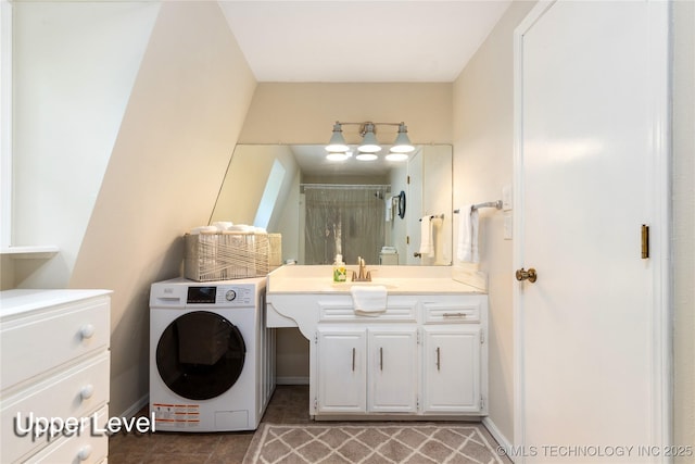 32075 Felts Ln, Afton, OK 74331 - bathroom with washer / clothes dryer, vanity, a shower, and baseboards