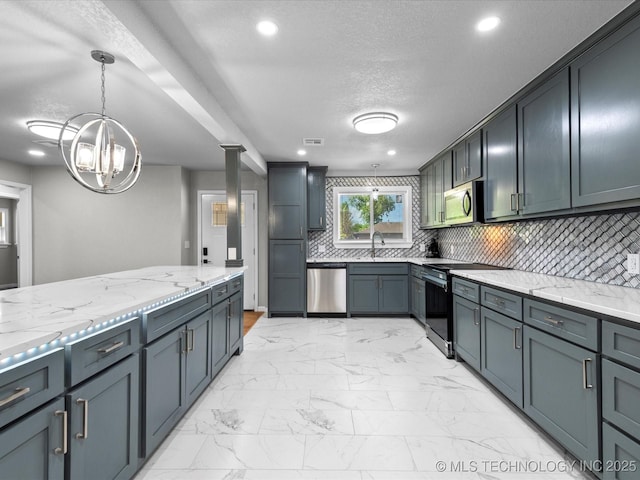 10931 E 4th Pl, Tulsa, OK 74128 - kitchen with appliances with stainless steel finishes, light marble finish floors, light stone countertops, decorative backsplash, and recessed lighting