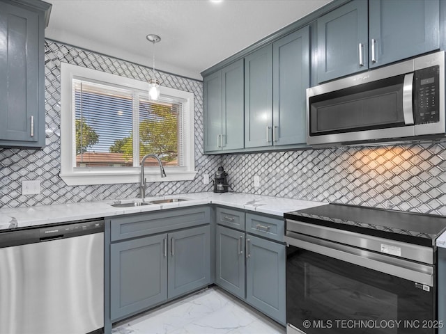 10931 E 4th Pl, Tulsa, OK 74128 - kitchen with stainless steel appliances, a sink, light marble finish flooring, backsplash, and light stone counters