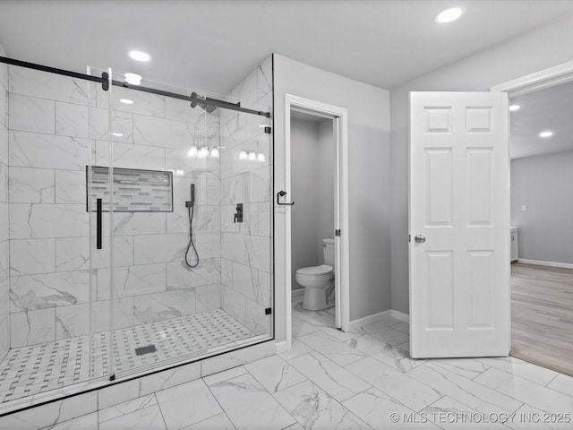 10931 E 4th Pl, Tulsa, OK 74128 - full bathroom featuring toilet, marble look tile flooring, recessed lighting, a shower stall, and baseboards