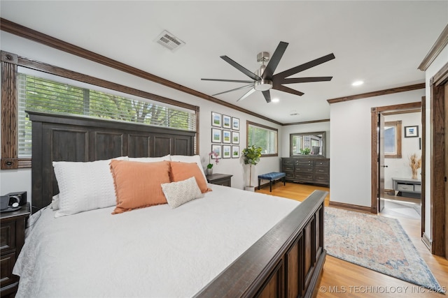 4341 E 56th Pl, Tulsa, OK 74135 - bedroom featuring crown molding, light wood finished floors, recessed lighting, baseboards, and ceiling fan