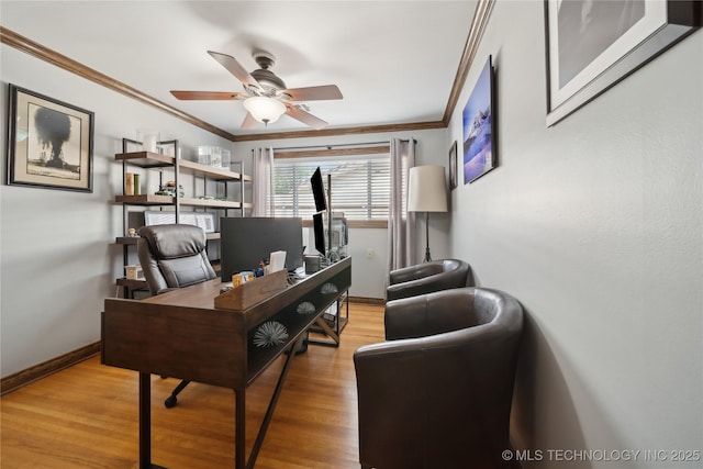 4341 E 56th Pl, Tulsa, OK 74135 - office space with ceiling fan, ornamental molding, wood finished floors, and baseboards