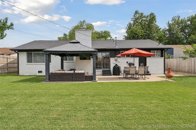 4341 E 56th Pl, Tulsa, OK 74135 - rear view of property with a gazebo, outdoor lounge area, brick siding, a patio area, and a chimney