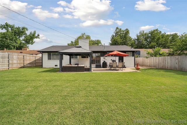 4341 E 56th Pl, Tulsa, OK 74135 - rear view of property featuring a gazebo, outdoor lounge area, a chimney, a patio, and roof with shingles