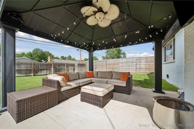 4341 E 56th Pl, Tulsa, OK 74135 - view of patio / terrace with outdoor lounge area, a ceiling fan, and a gazebo