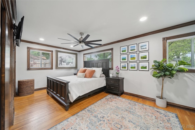 4341 E 56th Pl, Tulsa, OK 74135 - bedroom featuring ornamental molding, baseboards, light wood finished floors, a ceiling fan, and recessed lighting