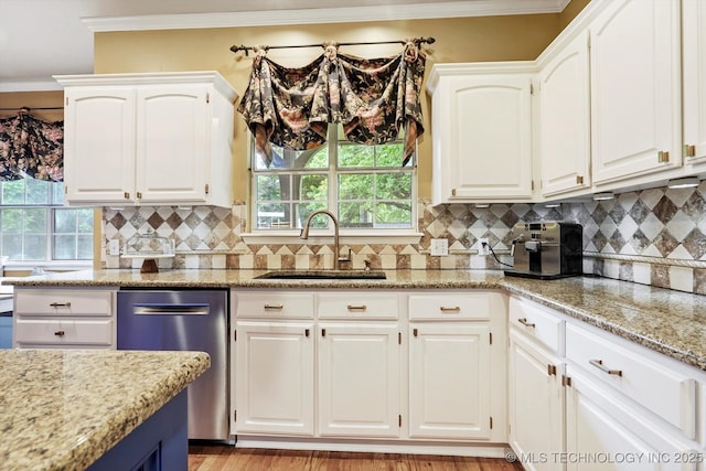 5506 E 110th Pl, Tulsa, OK 74137 - kitchen featuring dishwasher, a sink, white cabinets, light stone counters, and ornamental molding