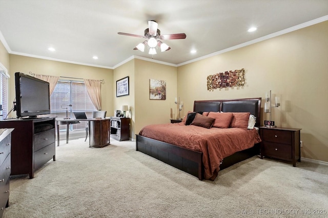 5506 E 110th Pl, Tulsa, OK 74137 - bedroom featuring light colored carpet, recessed lighting, crown molding, ceiling fan, and baseboards