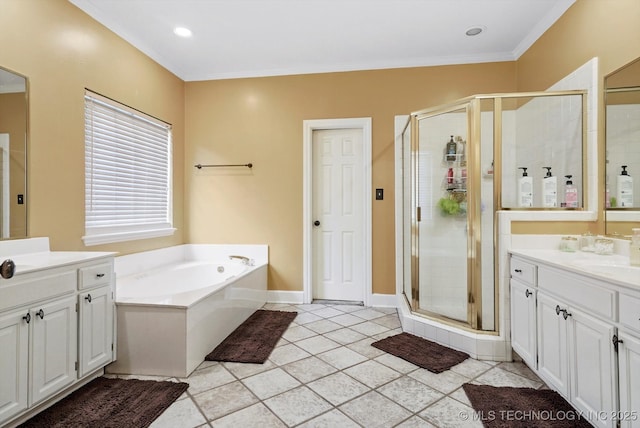 5506 E 110th Pl, Tulsa, OK 74137 - full bathroom with a stall shower, two vanities, a bath, tile patterned flooring, and ornamental molding