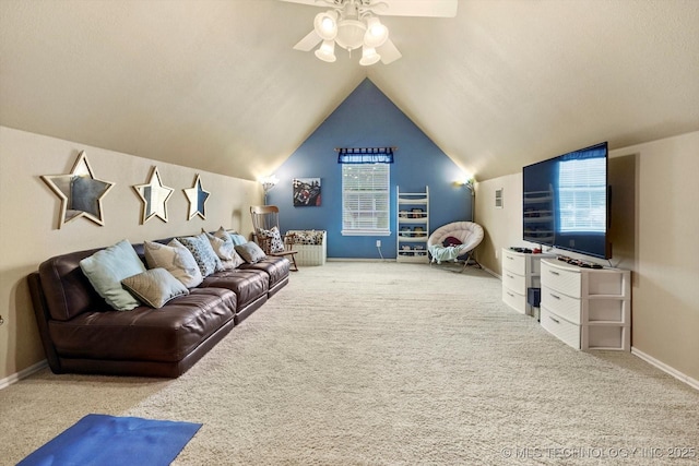 5506 E 110th Pl, Tulsa, OK 74137 - living room featuring carpet, a ceiling fan, vaulted ceiling, and baseboards