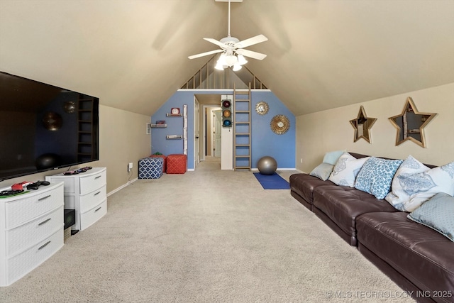5506 E 110th Pl, Tulsa, OK 74137 - living area featuring carpet floors, ceiling fan, lofted ceiling, and baseboards