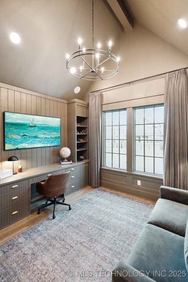 52 Redbud St, Carlton Landing, OK 74432 - office featuring wood finished floors, a chandelier, beamed ceiling, high vaulted ceiling, and recessed lighting