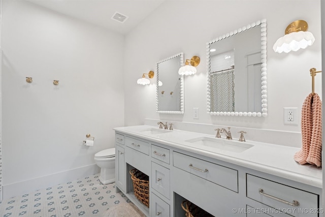 52 Redbud St, Carlton Landing, OK 74432 - full bathroom featuring double vanity, toilet, baseboards, tile patterned floors, and a shower with shower curtain