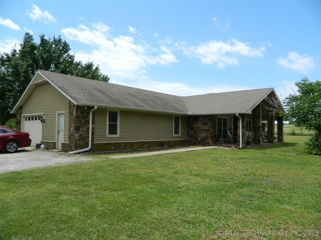 173 County Road 5305th Rd, Wynona, OK 74084 - ranch-style home featuring stone siding, an attached garage, a front lawn, and roof with shingles