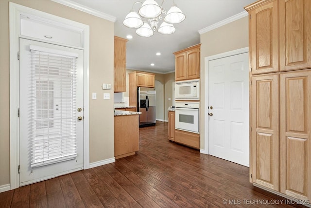 6007 E 76th Ct, Tulsa, OK 74136 - kitchen with white appliances, light brown cabinetry, ornamental molding, a chandelier, and dark wood-style floors