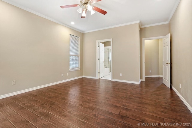 6007 E 76th Ct, Tulsa, OK 74136 - unfurnished bedroom with crown molding, dark wood finished floors, recessed lighting, baseboards, and connected bathroom