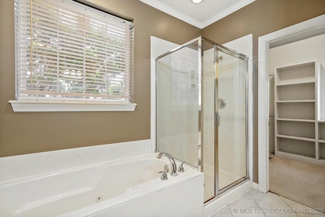 6007 E 76th Ct, Tulsa, OK 74136 - full bathroom with a stall shower, a bath, tile patterned flooring, and ornamental molding