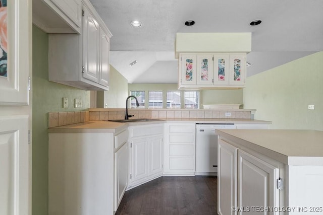 20001 E 46th St, Broken Arrow, OK 74014 - kitchen with dishwasher, light countertops, a sink, dark wood finished floors, and white cabinets