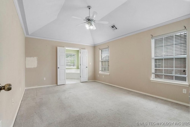 20001 E 46th St, Broken Arrow, OK 74014 - empty room with vaulted ceiling, ceiling fan, carpet, baseboards, and ornamental molding