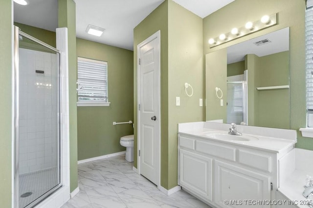 20001 E 46th St, Broken Arrow, OK 74014 - bathroom featuring marble finish floors, a shower stall, toilet, and baseboards