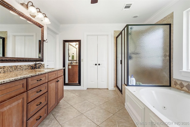 10935 S 77th Pl, Tulsa, OK 74133 - bathroom featuring vanity, a stall shower, a whirlpool tub, tile patterned flooring, and ornamental molding