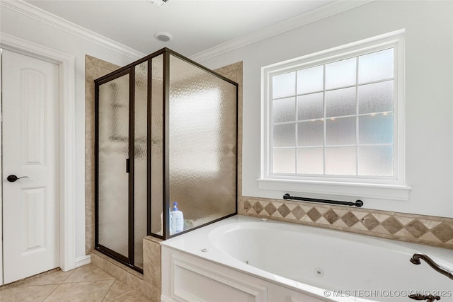 10935 S 77th Pl, Tulsa, OK 74133 - bathroom with a shower stall, healthy amount of natural light, a jetted tub, and crown molding