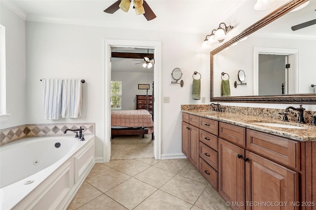 10935 S 77th Pl, Tulsa, OK 74133 - full bathroom featuring ceiling fan, double vanity, ensuite bathroom, a whirlpool tub, and ornamental molding