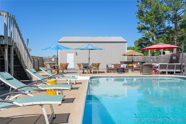 1608 Blue Stem Rd, Fort Gibson, OK 74434 - view of swimming pool with an outdoor hangout area, a fenced backyard, outdoor dining space, and a patio