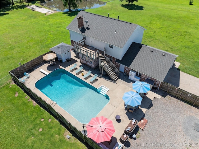 1608 Blue Stem Rd, Fort Gibson, OK 74434 - view of swimming pool featuring stairway, a deck with water view, a patio area, and outdoor dining area