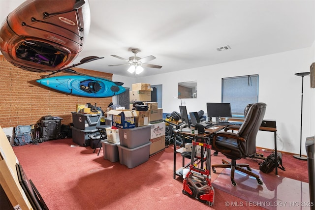 709 N Maple, Konawa, OK 74849 - office space with carpet flooring, ceiling fan, and brick wall