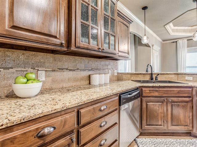 5909 E 139th St, Collinsville, OK 74021 - kitchen featuring stainless steel dishwasher, a sink, light stone countertops, glass insert cabinets, and crown molding