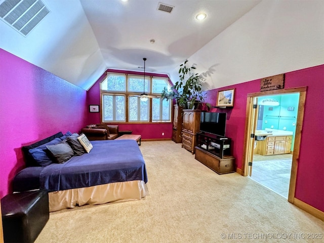 20965 W 921st Rd, Cookson, OK 74427 - bedroom featuring carpet flooring, lofted ceiling, baseboards, and recessed lighting